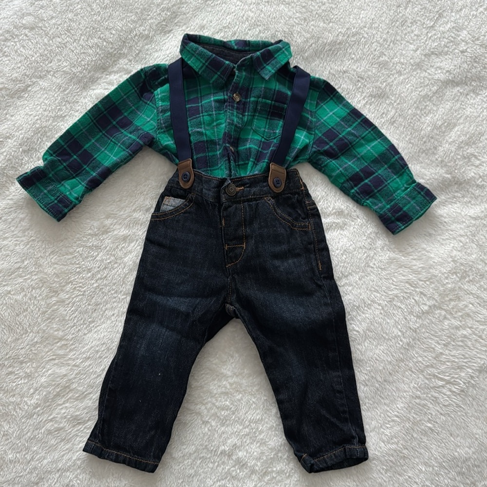 Gymboree Plaid Green Bodysuit and Jeans Suspenders 6-12 months